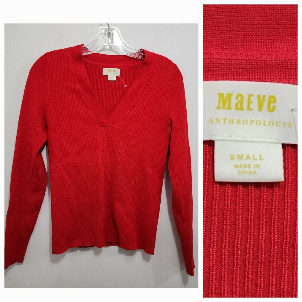 Maeve by Anthropologie V-Neck Knit Sweater Solid Red Stretch Long Sleeve Size S